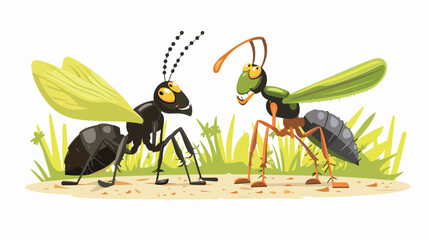 Cartoon ant and grasshopper in the garden flat vector
