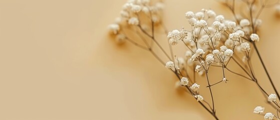   A group of tiny white blossoms rest atop a pure white desk surface, adjacent to a tawny-brown and beige wall