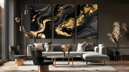 Elegance Unveiled: Opulent Black Gold Fluid Art Masterpieces - obrazy, fototapety, plakaty