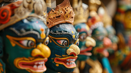 A selective focus shot captured rows of Balinese masks showcasing their expressive features and symbolism - obrazy, fototapety, plakaty
