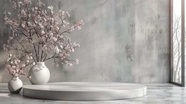 Elegant interior with cherry blossoms in vases on a minimalist podium, natural light, modern design.