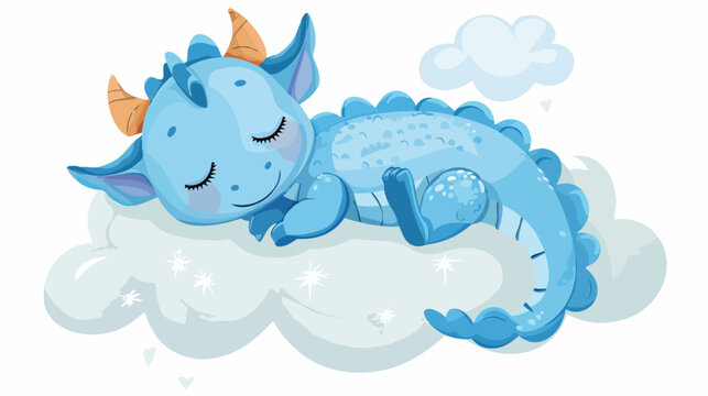 Cartoon baby blue dragon sleeping on a cloud flat vector