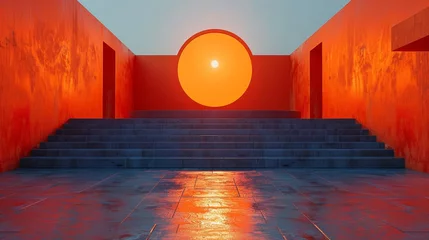 Foto op Canvas   A series of steps ascending to a sizeable orange orb centered in a room against a celestial backdrop © Jevjenijs