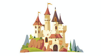 Cartoon beautiful rapunzel at castle window flat vector