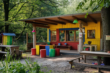 Fototapeta na wymiar Outdoor Play Area in a Kindergarten: Assorted Toys and Educational Equipment in a Natural Setting for Creative Play