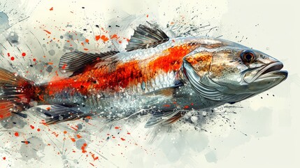 Naklejka premium Watercolor painting of a fish with red spots and black-white background