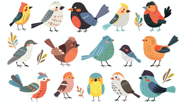 Cartoon birds collection set flat vector isolated on white