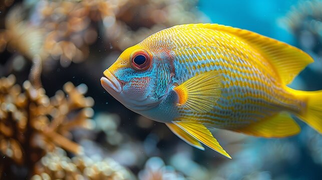   Close-up photo of a vibrant blue and yellow fish amidst a backdrop of colorful coral, seaweed, and other marine life