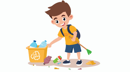 Cartoon boy collecting plastic garbage with litter sti - obrazy, fototapety, plakaty