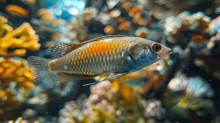   A close-up of a fish on a coral, surrounded by other corals in the background and water in the foreground