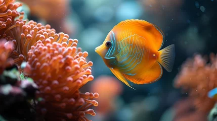 Fotobehang   Close-up of a fish amidst coral reefs with water in front © Jevjenijs