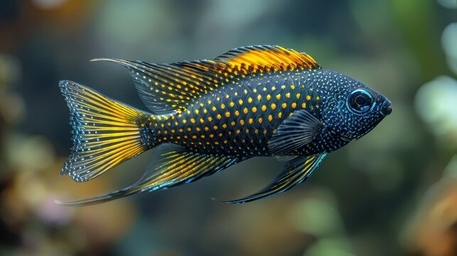   A detailed image of a vibrant blue and yellow fish featuring distinct yellow spots against a hazy backdrop