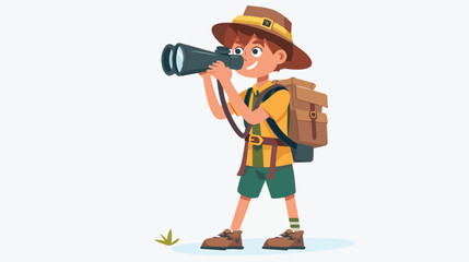 Cartoon boy scout with binoculars flat vector isolated - obrazy, fototapety, plakaty
