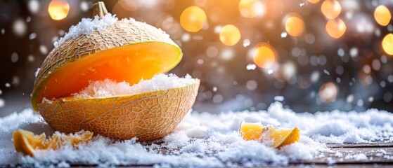   A melon resting atop snow with orange slices and lemon segments nearby - obrazy, fototapety, plakaty