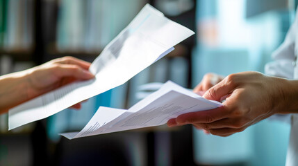 Close up of hands exchanging documents or papers in an office setting, symbolizing the exchange and transfer of information between two people.