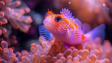  A detailed shot of a fish swimming amongst coral reefs and sea anemones