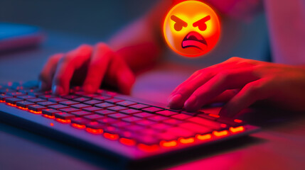 Hand typing on keyboard with an angry emoji face symbol, conveying anger and rage against a red glowing light effect background.