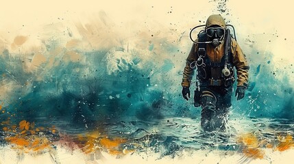   A man in a diving suit is depicted in a painting, surrounded by water, with a droplet of water splashing onto his face - obrazy, fototapety, plakaty