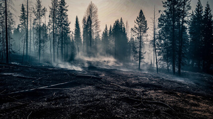 After the forest fire, dead trees and burnt ground, smoke in the background, dark atmosphere, smoke and smog in the air - obrazy, fototapety, plakaty