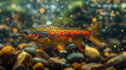   A colorful fish floating in water beside brown and orange rocks - obrazy, fototapety, plakaty