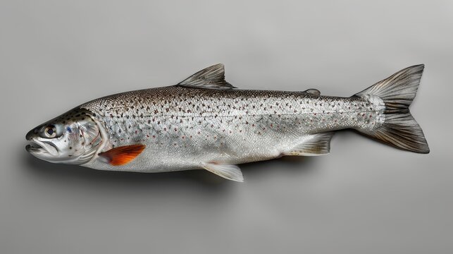   A gray surface features a reddened fish positioned upright, displaying a crimson spot on its side