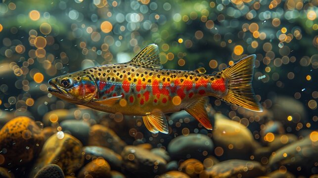   A colorful fish floating in water beside brown and orange rocks