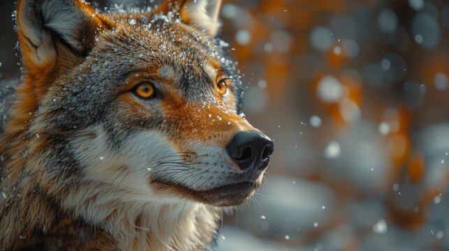   A close-up photo of a wolf's face, covered in snow, against a backdrop of trees