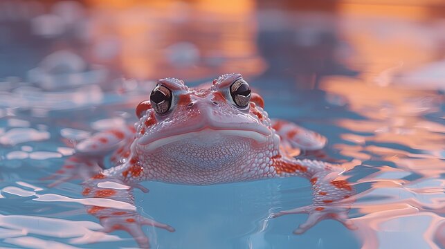   A close-up photo of a frog sitting on top of the water's surface, facing the camera