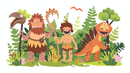 Obraz na płótnie Canvas Cartoon cavemen and dinosaurs in the forest flat vector