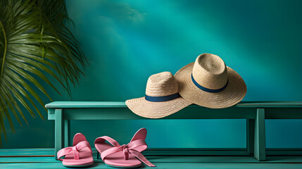 it's summer time with palm tree, , sunhats and sunglasses - obrazy, fototapety, plakaty