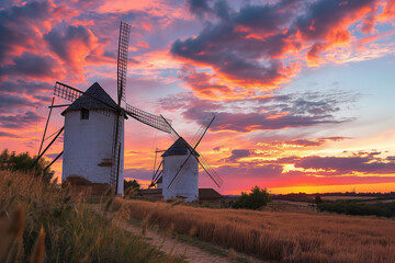 Traditional Windmills at Sunset: Rustic Scenery with Golden Fields Under a Dramatic Sky - Heritage and Agriculture