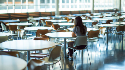Fototapeta na wymiar A female student sitting in the middle of an empty university canteen, with white round tables and chairs around her, school bullying, feeling lonely and far from people