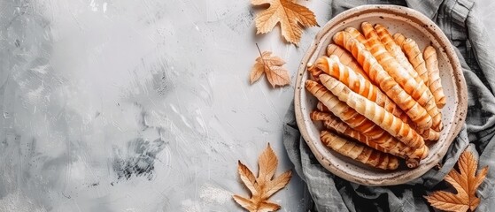   A bowl filled with sliced bananas sits on a table covered in gray and white cloth, surrounded by autumn leaves - obrazy, fototapety, plakaty