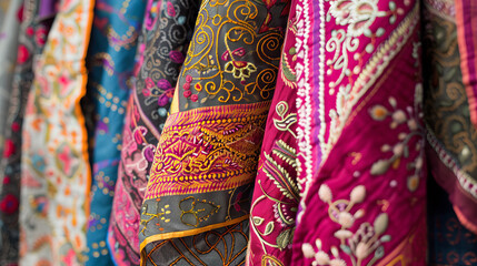 Close-up of intricate embroidery on exquisite cloths revealing the elaborate detail and craftsmanship involved