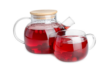 Tasty hot cranberry tea with fresh berries isolated on white