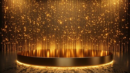 Obraz premium Elegant golden glitter light falls on a circular stage with a dark background, suitable for award ceremony concepts.