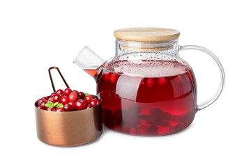 Tasty hot cranberry tea in teapot and scoop of fresh berries isolated on white
