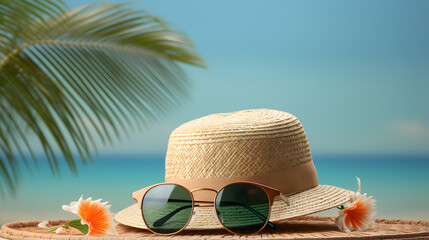 it's summer time with palm tree, , sunhats and sunglasses