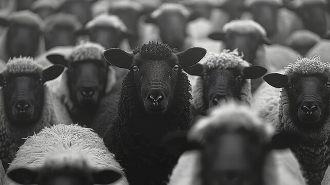   Black-and-white photo of a group of sheep facing the camera