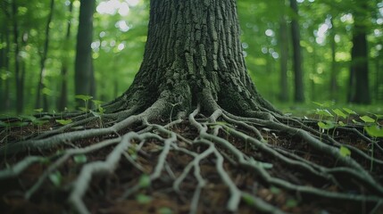   A tree's roots anchored firmly in the center of the soil, surrounded by lush foliage on the ground