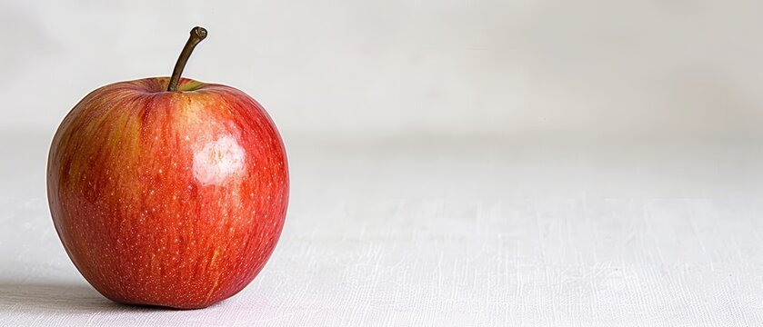   A close-up of a red apple on a white background, with water droplets at the top and bottom of the apple