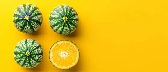 Foto op Plexiglas   Three watermelon slices and a whole watermelon on a yellow background in a top-down view, flat lay © Jevjenijs
