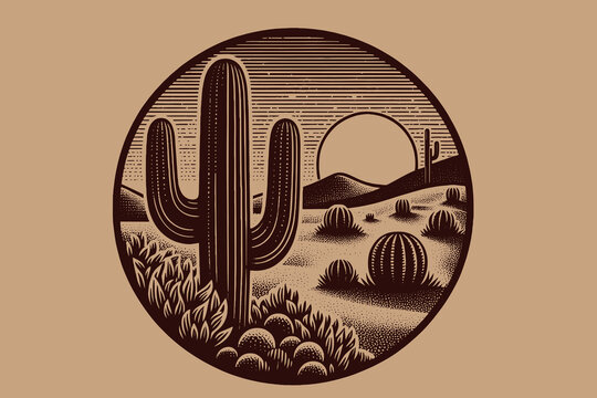 Desert. Cacti and sunset. Round emblem. Vintage engraving illustration, print, logo