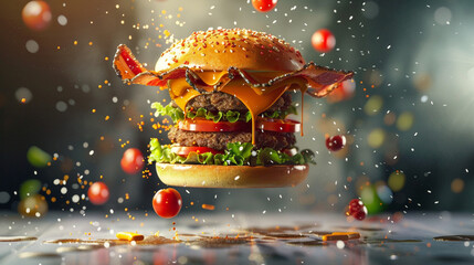 Delicious burger with tomatoes. Fresh tasty Hamburger meat with flying ingredients. Levitation Concept with Generative Ai