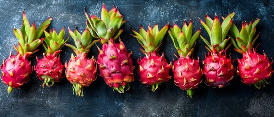   A row of dragonfruit sits atop a black table beside rows of red and green fruit