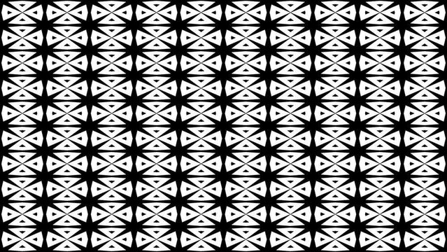 Black and white geometric pattern with repeating abstract shapes, suitable for backgrounds or textiles.