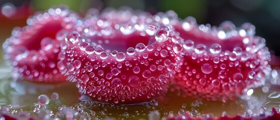   A photo of a pink flower with water droplets and a red-blurred background