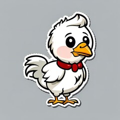 A cartoon chicken with red bow around its neck