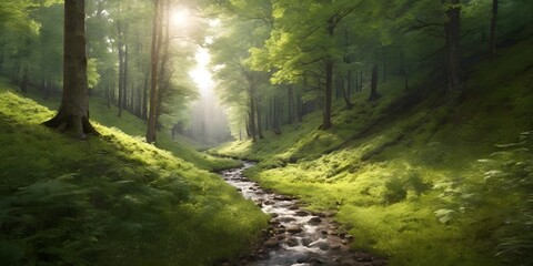  A winding forest path with lush green trees, sunlight filtering through the leaves, and a small babbling stream in the distance