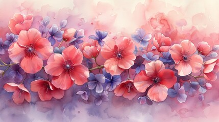   A painting of vibrant pink and purple flowers on a watercolored pink and purple backdrop, framed with a pink and blue border